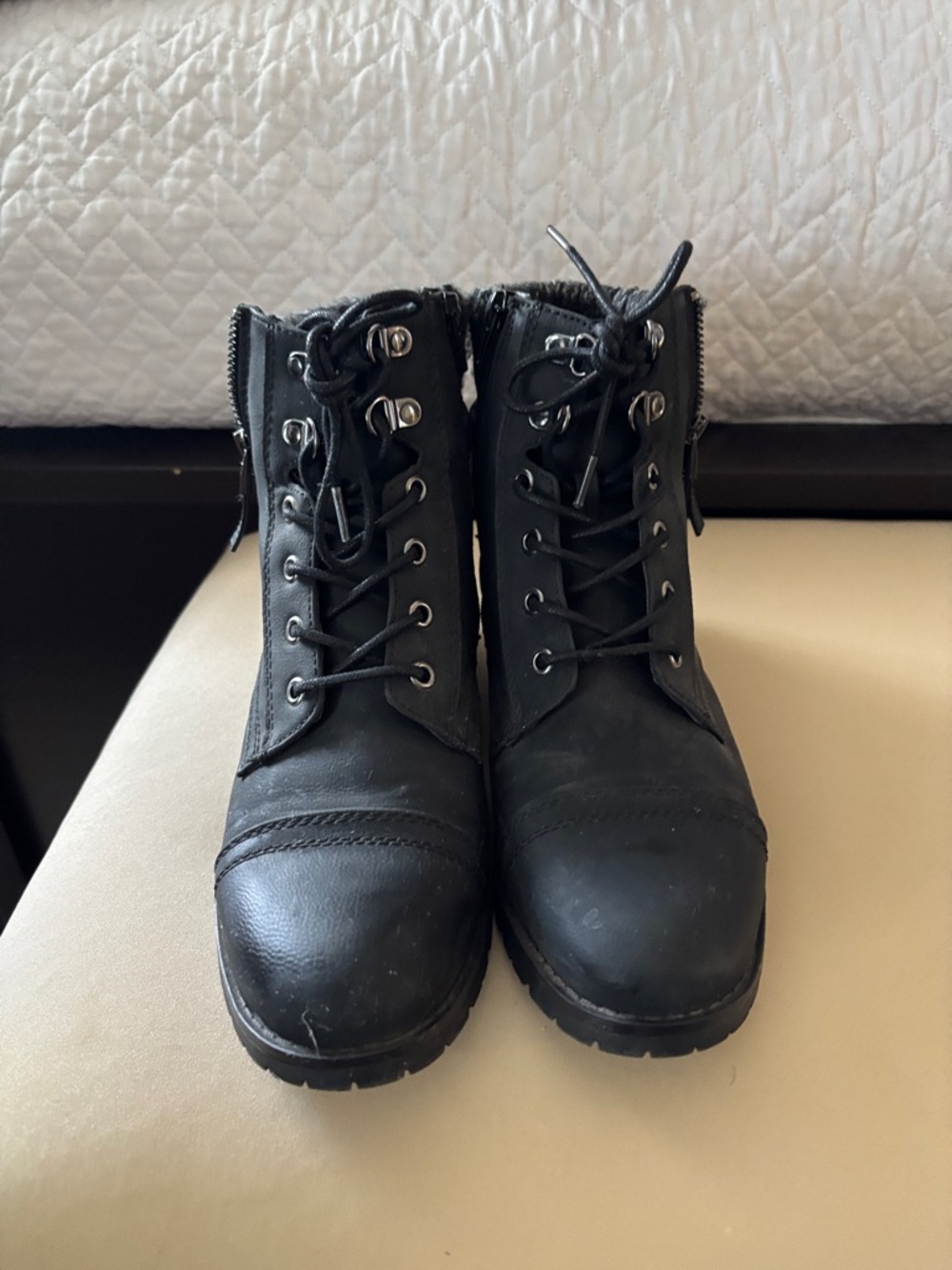 Denver Hayes Black Lace-Up Combat Ankle Boots with side zipper.
